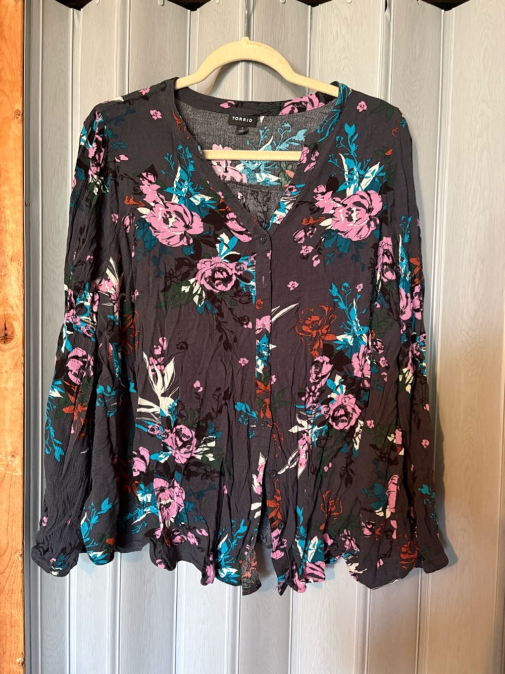 Torrid  Floral Blouse - Black with Pink & Teal Floral Print